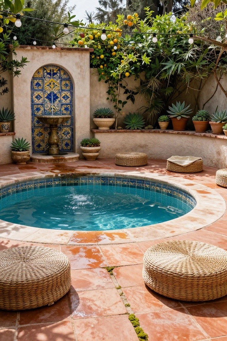 Small circular turquoise pool in terracotta-tiled courtyard with white stucco walls, blue tiled arched fountain, potted agave plants, citrus trees, string lights, and woven rattan poufs.