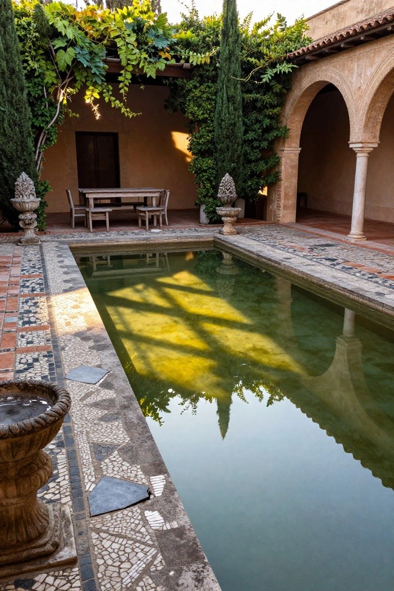 Rectangular green pool in a stone and terracotta courtyard with arched walls, cypress trees, climbing vines, potted urns, and wooden table with chairs nearby.