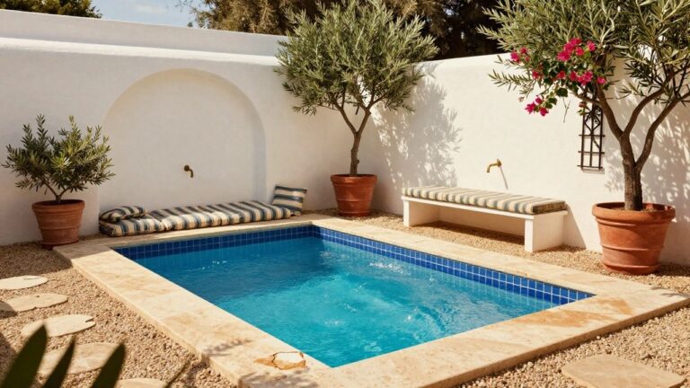 Small blue-tiled rectangular plunge pool edged in stone with adjacent built-in white bench topped by striped cushions, flanked by potted plants and olive trees against white walls draped in pink bougainvillea.