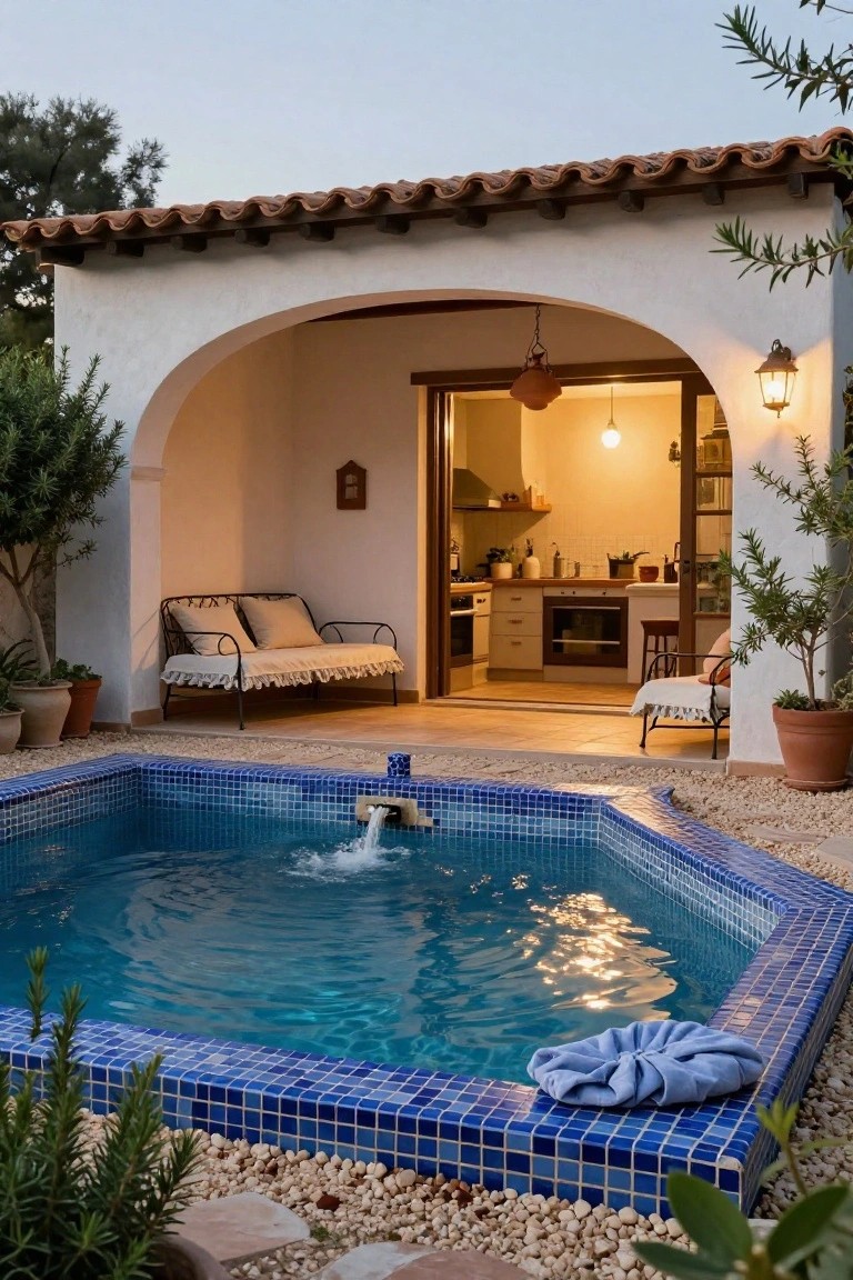 Outdoor terrace featuring a small hexagonal blue mosaic pool with fountain, surrounded by gravel and potted plants, a metal daybed with beige cushions, and an arched opening to a lit kitchen interior.