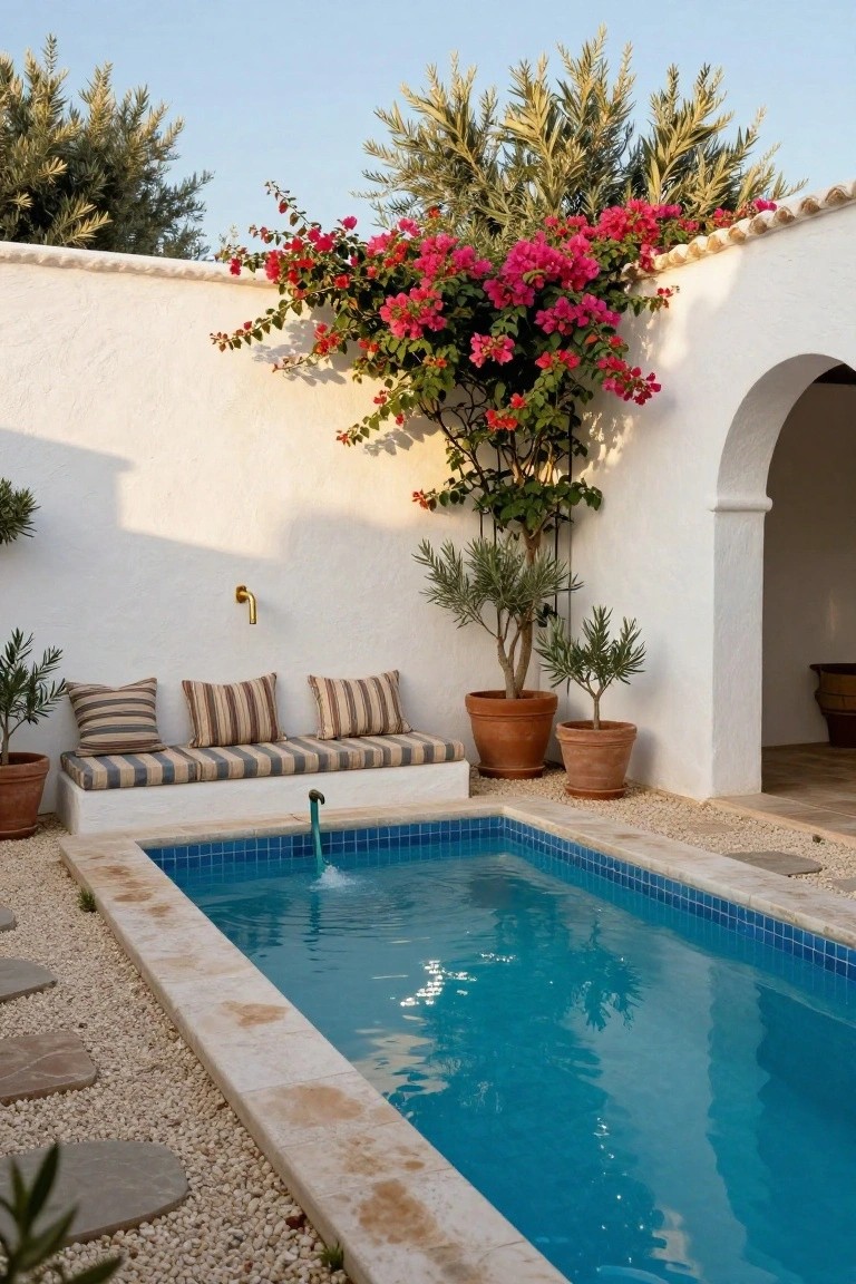 Small blue-tiled rectangular plunge pool edged in stone with adjacent built-in white bench topped by striped cushions, flanked by potted plants and olive trees against white walls draped in pink bougainvillea.