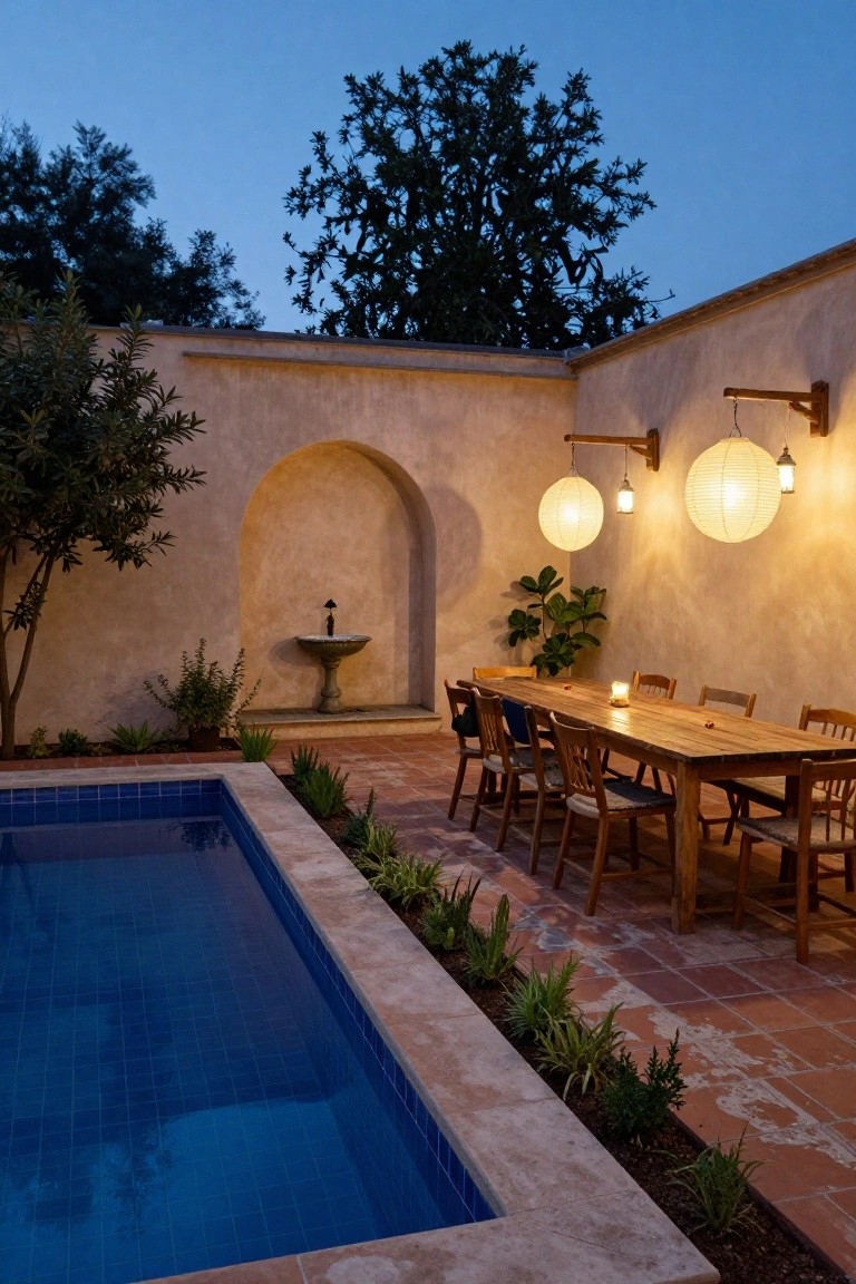 Outdoor poolside terrace at dusk with a long wooden dining table and chairs on terracotta tiles next to a rectangular blue-tiled pool, stucco walls with an arched niche and fountain, wall-mounted paper lanterns, and potted plants.