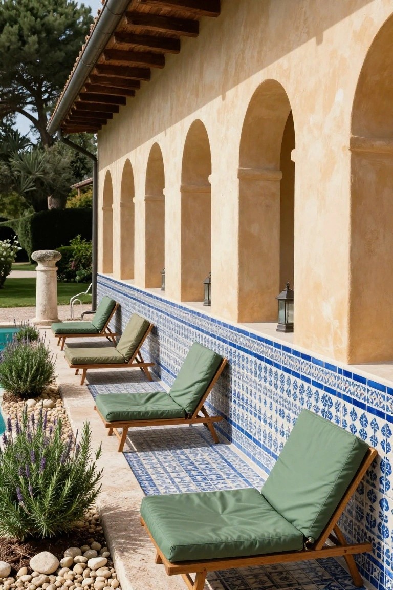 Row of four wooden lounge chairs with green cushions aligned against a beige stucco wall featuring arches and blue mosaic tiles, next to a pool with lavender plants and pebble groundcover.