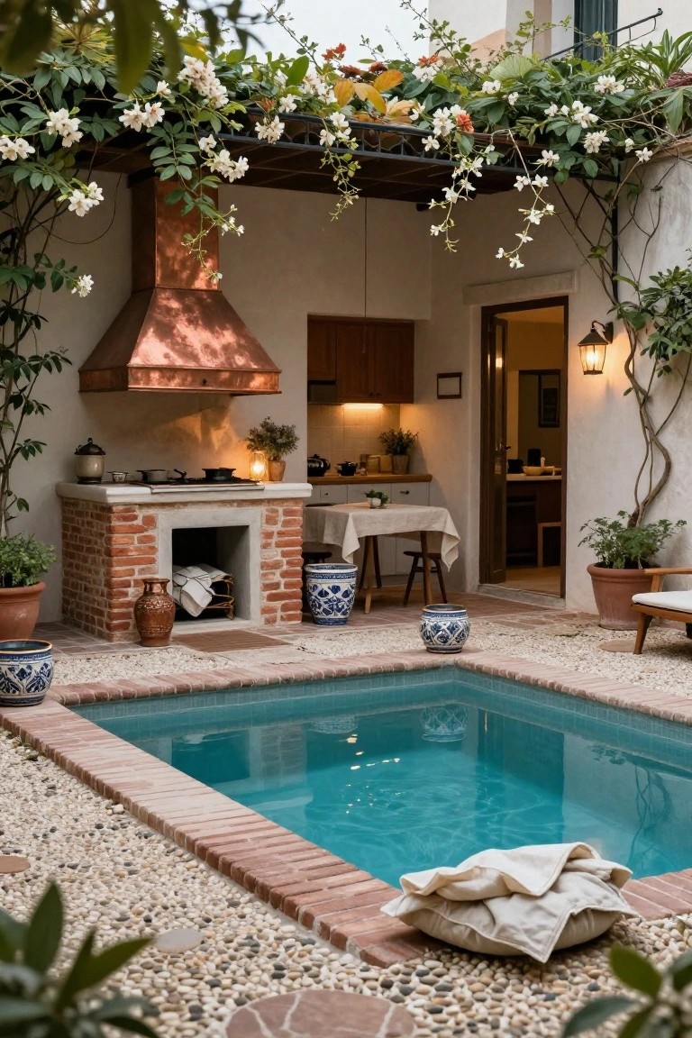 Small turquoise plunge pool edged in brick and pebbles next to a brick outdoor kitchen with copper hood, blue-and-white pottery, plants, and climbing vines on white walls.
