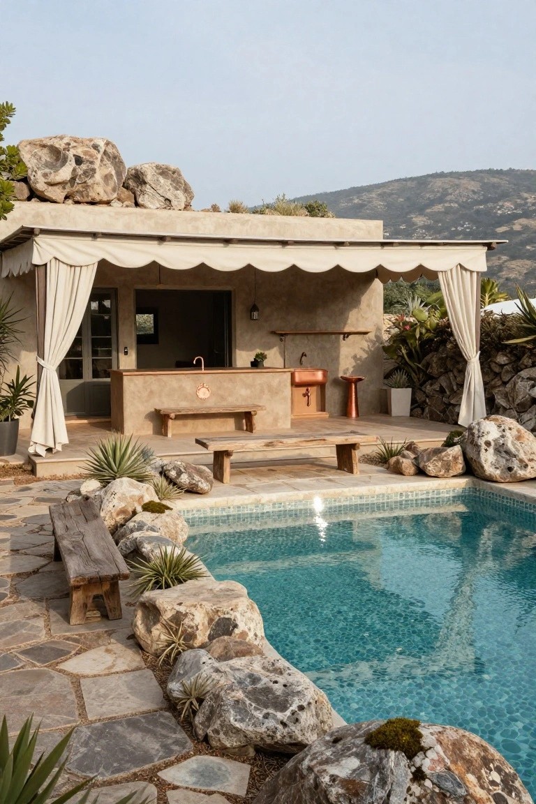 Outdoor pool with turquoise tiles surrounded by large rocks and plants, featuring a rustic stone bar with copper sink and wooden benches under a fabric-covered structure.