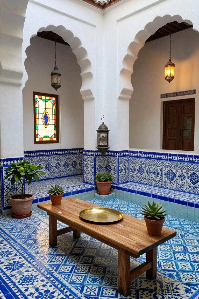 White interior courtyard featuring blue and white patterned tiles on floors, walls, benches, and a shallow central pool, with a wooden bench table, potted plants, hanging lanterns, stained glass window, and arched doorways.