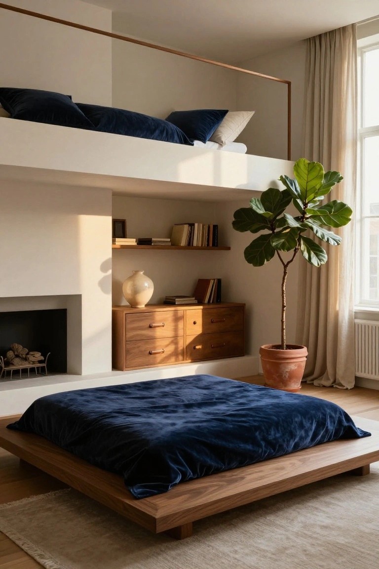 Minimalist bedroom interior with a low wooden platform bed draped in navy velvet bedding, an elevated loft bed with blue pillows and white duvet above it, wooden dresser and shelves beside a white fireplace, and a tall fiddle leaf fig plant in a terracotta pot near tall curtains.