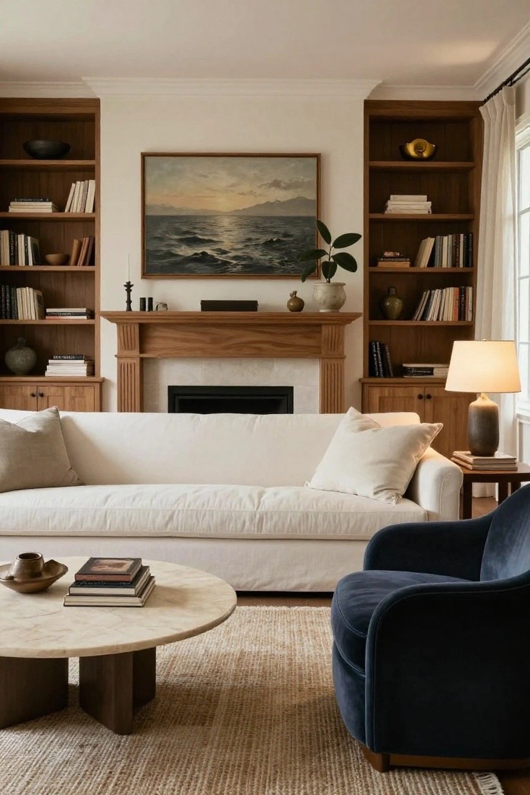 A living room with symmetrical tall wooden bookshelves flanking a wooden fireplace mantel, white sofa, round marble coffee table, seagrass rug, and large painting above the fireplace.