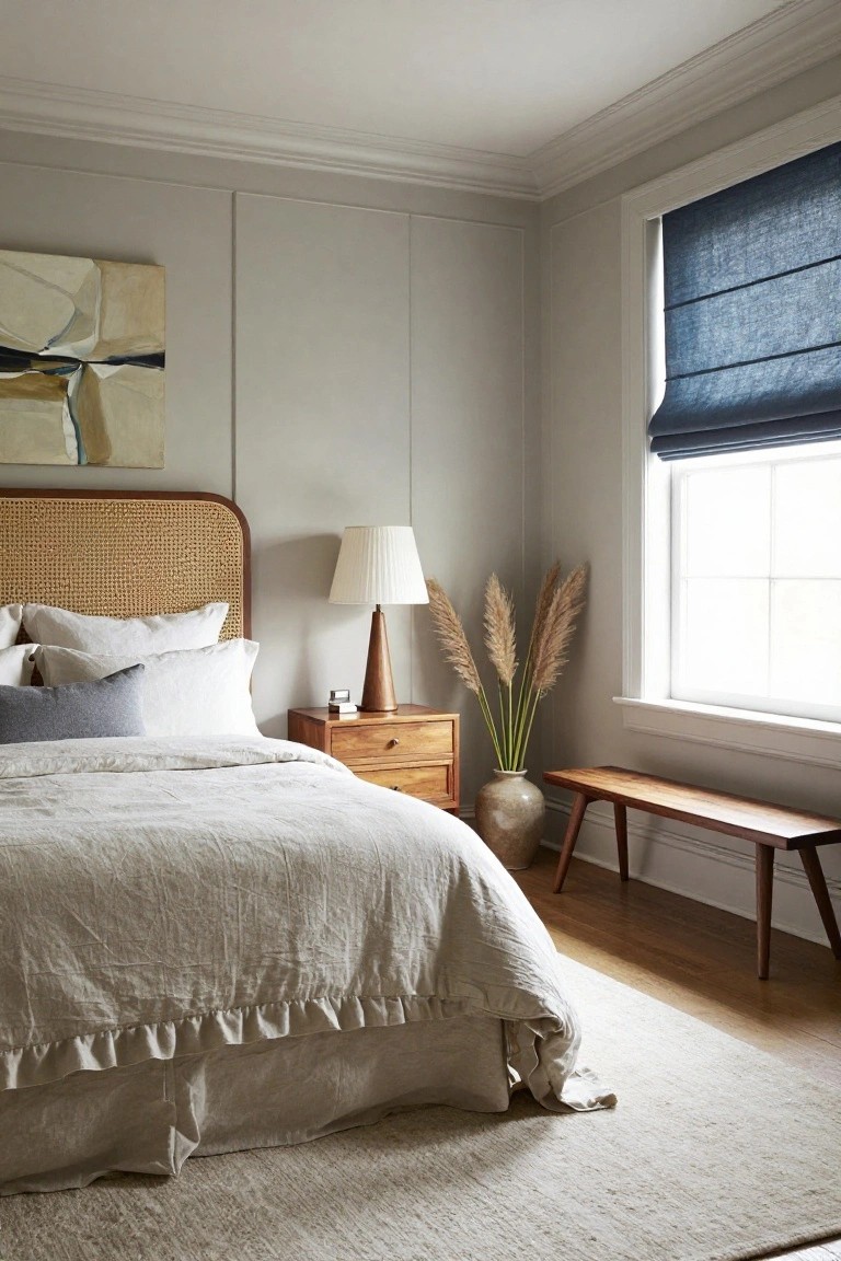 Corner of a light gray bedroom with a bed featuring rattan headboard and white linen bedding, wooden nightstand with lamp and pampas grass vase, blue linen roman shade on window, and wooden bench.
