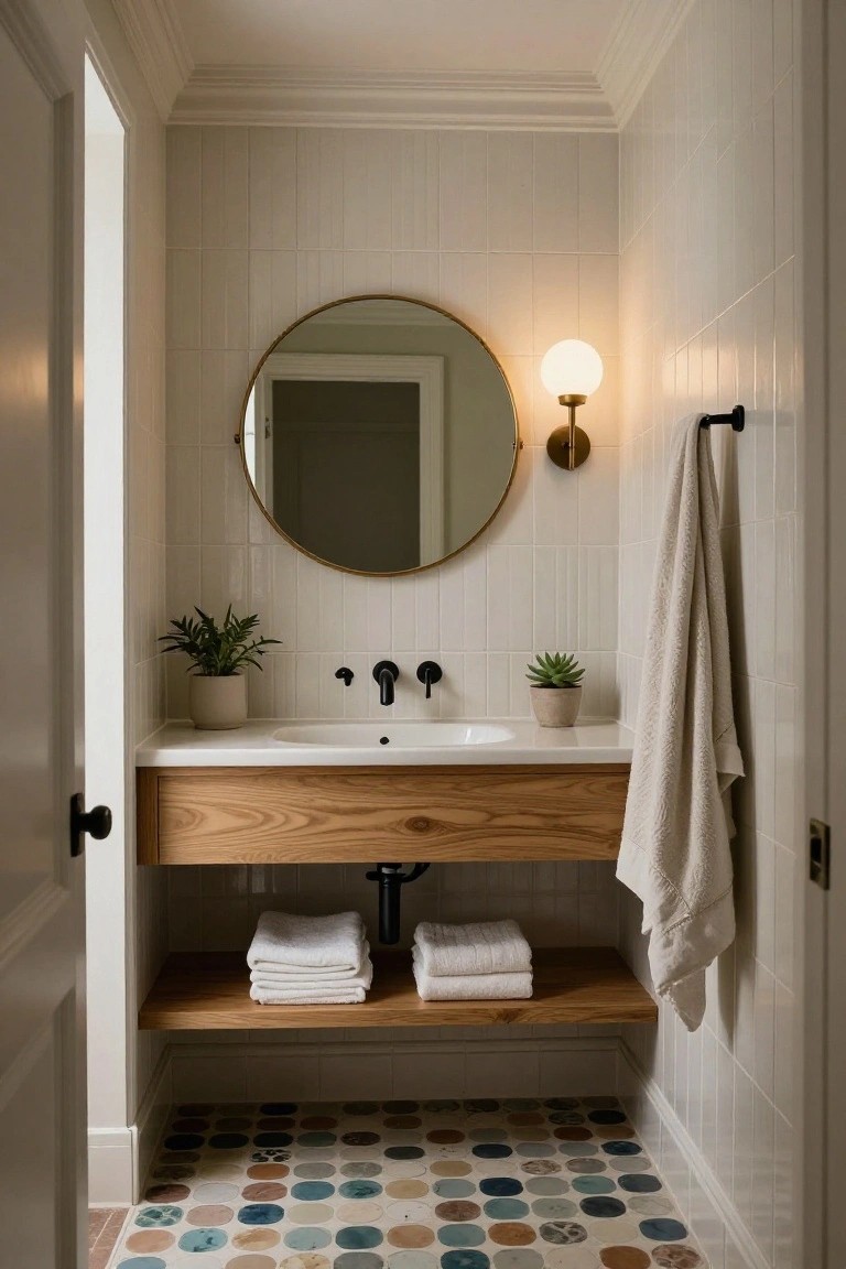 Compact powder room with white subway tile walls, floating oak vanity, black matte faucet and handles, large round brass mirror, wall-mounted globe sconce, folded towels on shelf, hanging towel, potted plants, and colorful dotted floor tiles.