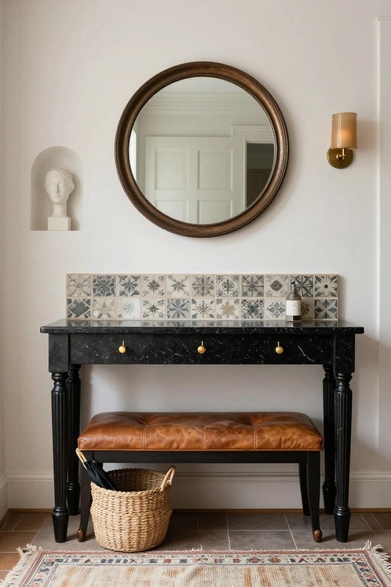 White entryway hallway with black marble console table topped by blue and white patterned tile backsplash, round wood-framed mirror, plaster bust in wall niche, tan leather bench, wicker basket holding umbrella, wall sconce, and patterned rug on floor.