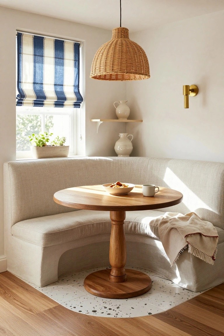 Sunlit indoor corner with curved cream banquette seating around a round wooden pedestal table holding a white bowl and mug, blue and white striped roller blind on window with herb planter, woven pendant lamp overhead, white ceramic vases on shelf, and gold wall sconce.
