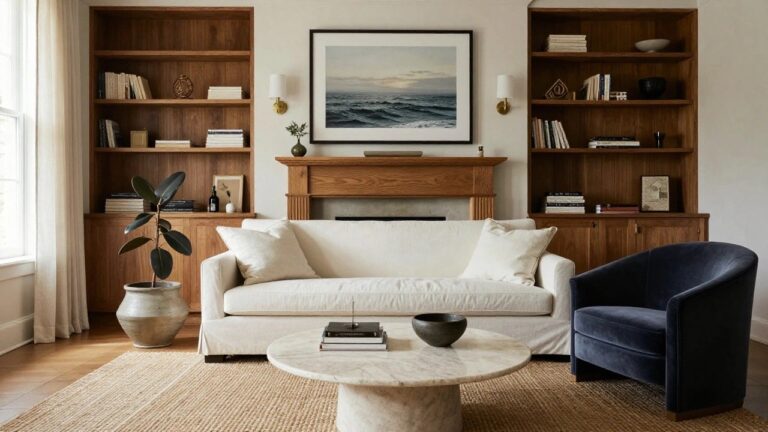 A living room with symmetrical tall wooden bookshelves flanking a wooden fireplace mantel, white sofa, round marble coffee table, seagrass rug, and large painting above the fireplace.