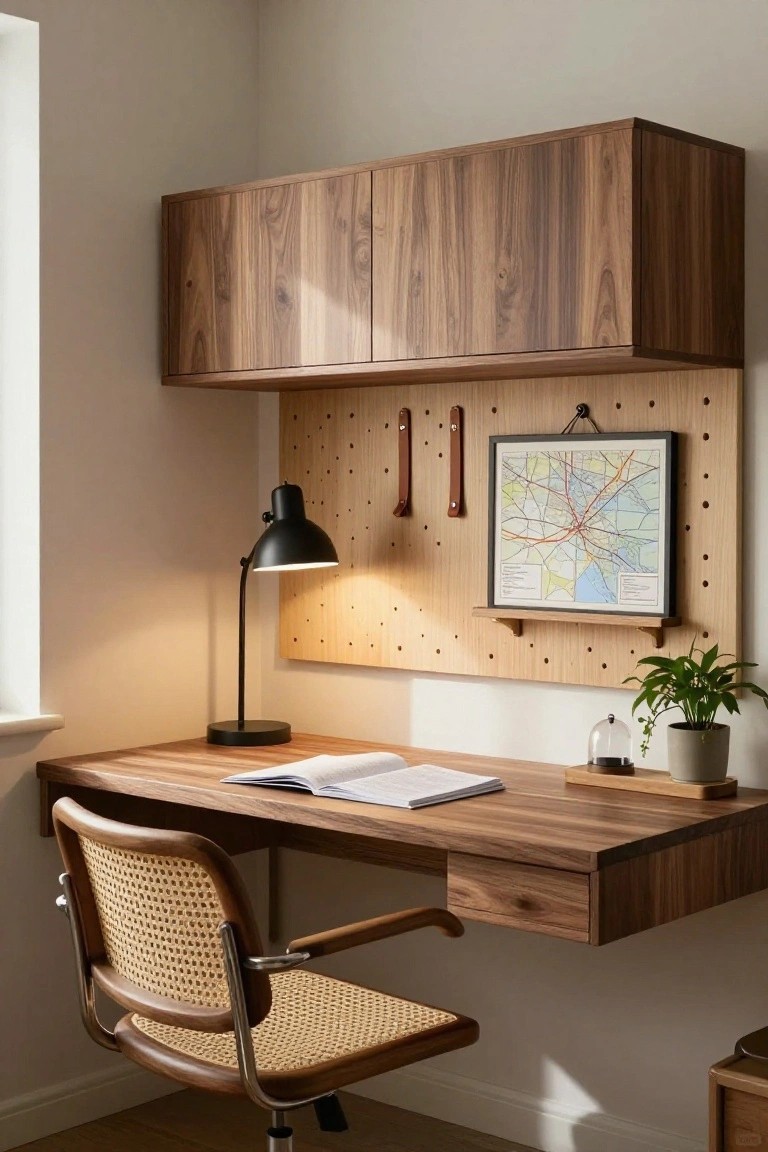 Corner home office with floating walnut desk, matching overhead cabinets, pegboard wall holding a framed map, black desk lamp, open book, glass dome, plant, and rattan chair.