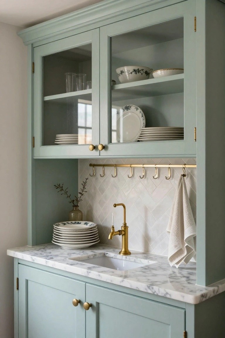 Sage green kitchen cabinetry with glass-fronted upper doors displaying stacked white plates, bowls, and glasses, marble countertop holding a white farmhouse sink with gold faucet, white herringbone tile backsplash, and gold rail with hooks holding white towels.