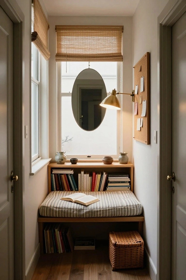 Narrow white hallway with built-in wooden bookshelves and cushioned bench seat under a round-topped window, gold lamp, corkboard, and oval mirror on walls.
