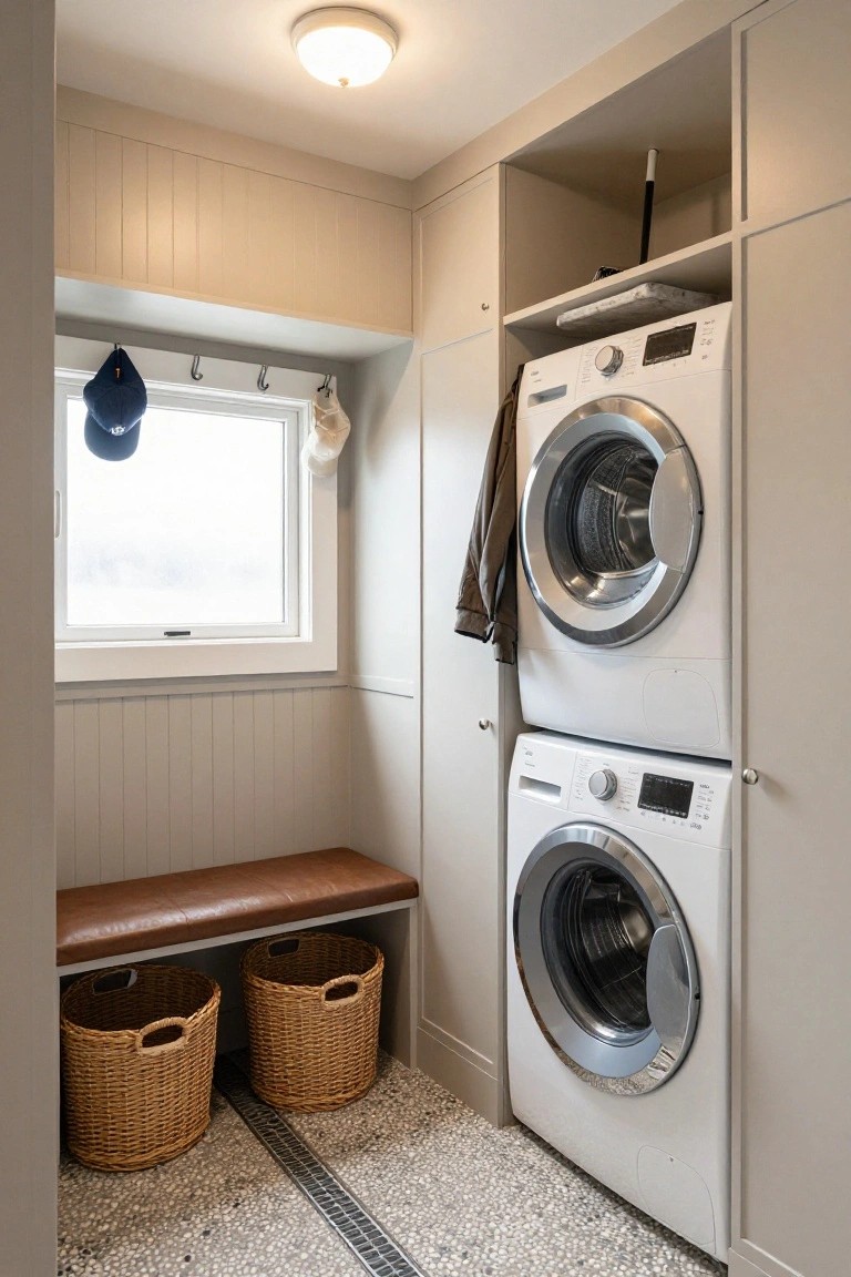 Compact laundry room with stacked white front-loading washer and dryer units integrated into beige cabinetry, wall hooks holding a hat and clothes, leather bench with two wicker baskets below, and pebble tile floor.