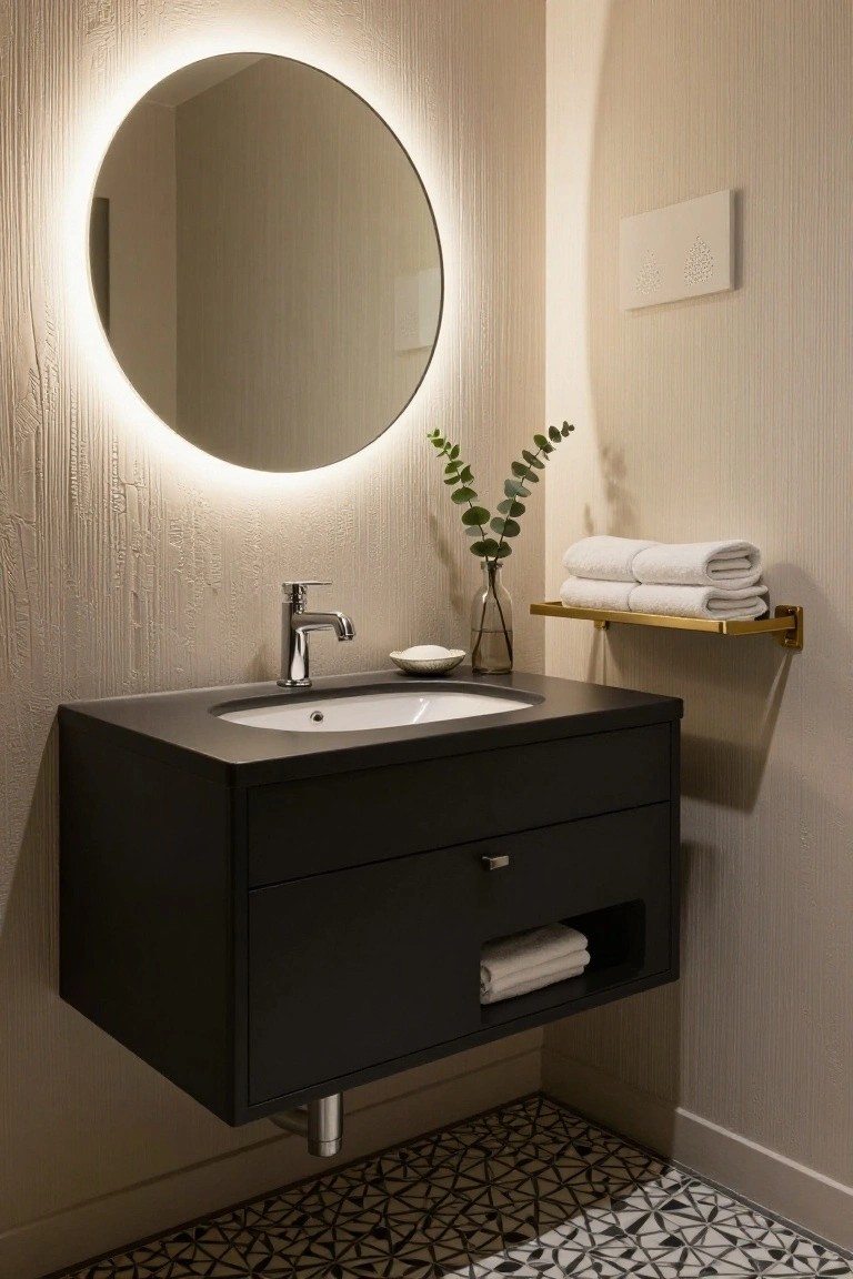 Contemporary bathroom with black wall-hung vanity and oval sink, round mirror with edge lighting, chrome faucet, gold towel shelf holding folded white towels and eucalyptus, on geometric tiled floor against light textured walls.