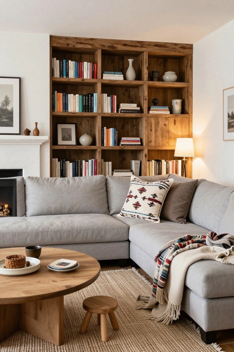 Living room interior with tall wooden built-in bookshelves flanking a fireplace on a white wall, gray L-shaped sofa, round wooden coffee table, seagrass rug, and small wooden stool.