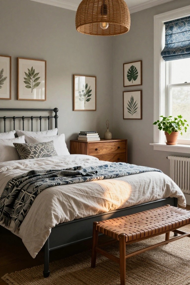Bedroom interior with light grey walls, black metal bed frame with white linens and blue patterned throw, wooden dresser with books, three framed leaf prints, potted ivy plant on windowsill with blue roman shade, rattan pendant light, and bench at bed foot on seagrass rug.