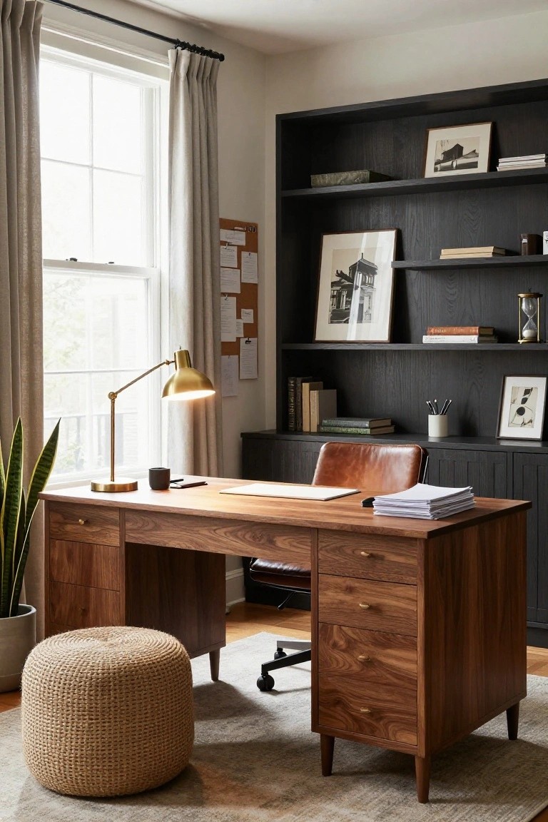 Home office interior with large walnut wood desk having drawers on both sides, tan leather desk chair, black wood built-in shelving stocked with books and picture frames, gold adjustable desk lamp, black mug, potted snake plant, and window with beige linen curtains.