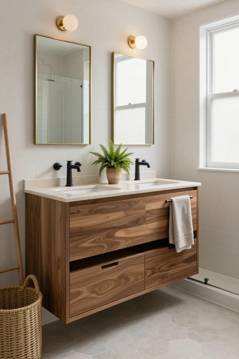 A bathroom with a floating double walnut wood vanity, black faucets, two gold-framed mirrors, a potted fern, wooden ladder towel rack, wicker basket, and light gray hexagonal floor tiles.