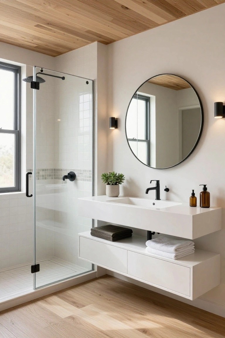 Modern bathroom featuring a light wood plank ceiling, glass shower with white subway tile walls and black fixtures, white floating vanity with black faucet, round black-framed mirror, potted plant, and wood-look flooring.