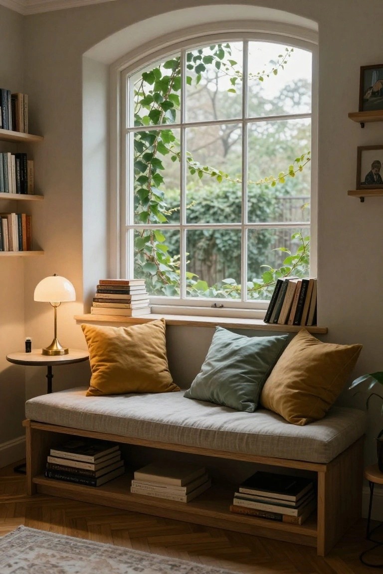 Cushioned bench with built-in oak bookshelves underneath in a light gray room corner, yellow and green pillows on the bench, brass lamp on a round table, stacks of books on window sill and wall shelves, arched window with ivy outside.