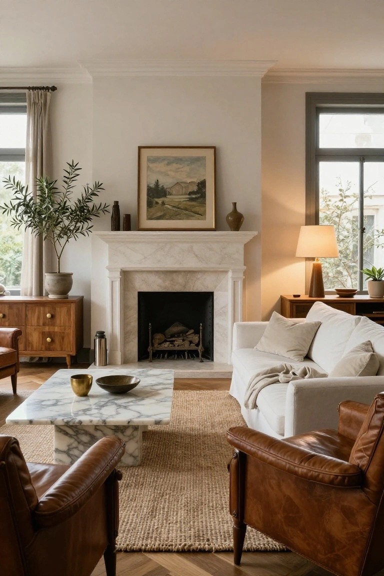 Living room with white marble fireplace as focal point, landscape painting above mantel, wooden sideboards, white sofa with pillows and throw, tan leather armchairs, marble coffee table, seagrass rug, olive tree in pot, and large windows.