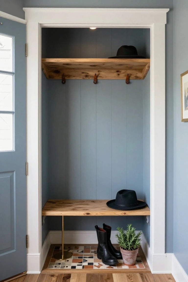 Open interior closet with gray vertical board walls, upper rough wood shelf holding two black hats and leather strap hooks, lower wood bench on gold leg with black boots and potted rosemary plant on colorful geometric tile floor beside wood plank flooring.