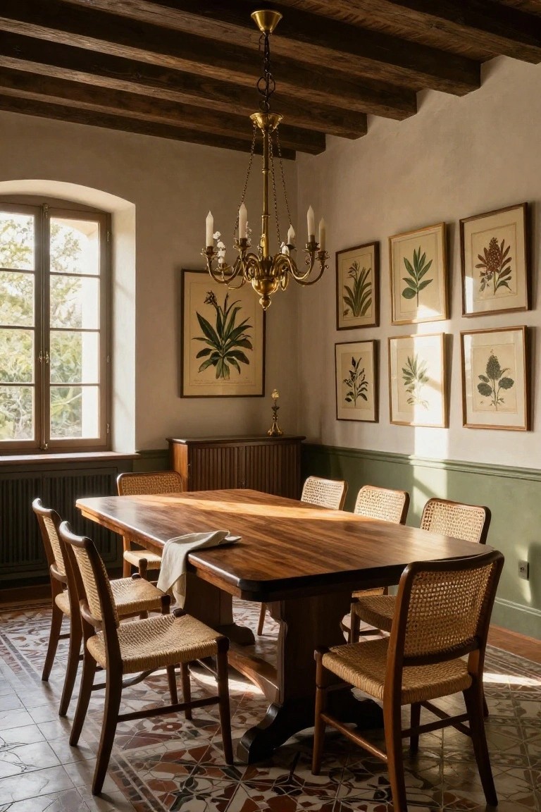 Sunlit dining room featuring exposed dark wooden ceiling beams, a rectangular wooden table with rattan chairs, botanical prints on beige walls, a brass chandelier, and terracotta tile floor.