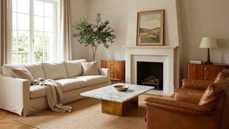 Living room with white marble fireplace as focal point, landscape painting above mantel, wooden sideboards, white sofa with pillows and throw, tan leather armchairs, marble coffee table, seagrass rug, olive tree in pot, and large windows.