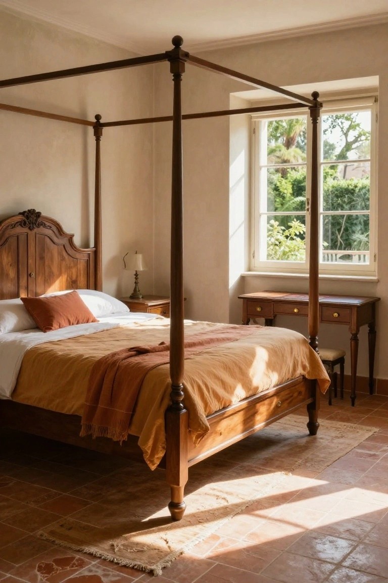 Sunlit bedroom with wooden four-poster bed featuring carved headboard, white sheets and orange throw, wooden desk and stool nearby, large window showing garden view, terracotta tile floor.