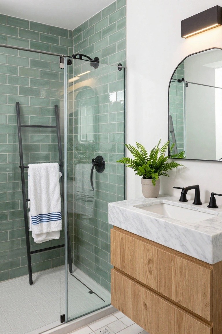 Modern bathroom with sage green subway tile walls in the glass shower enclosure, oak wood vanity with white marble countertop and black faucet, black metal ladder towel rack, and potted ferns.