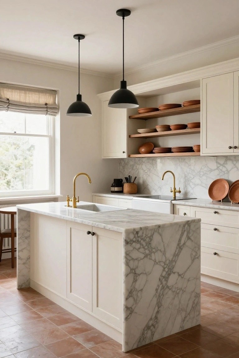 Kitchen interior with white shaker-style cabinets, Calacatta marble countertops and island, gold faucet at sink, black pendant lights, open wood shelves holding terracotta dishes and bowls, linen roman shade on window, and terracotta tile floor.