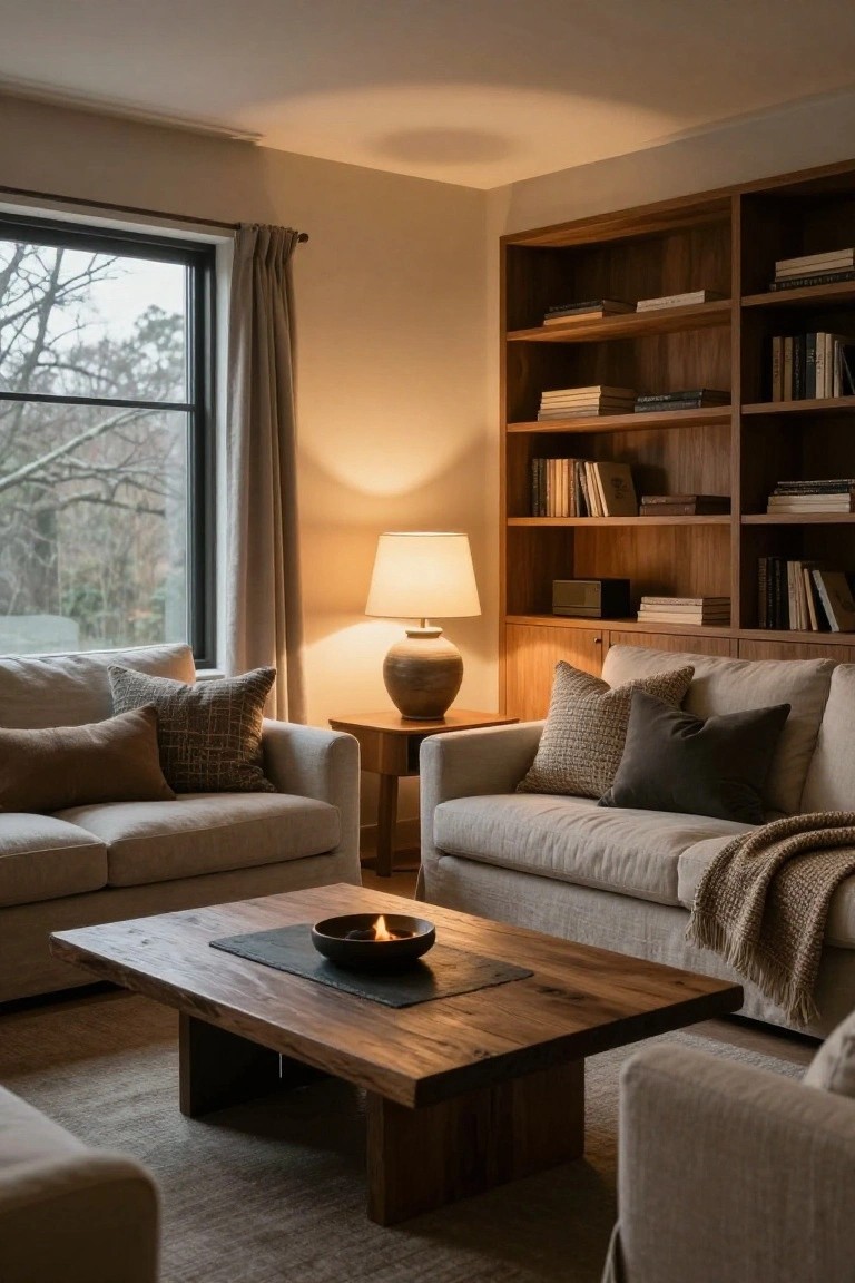 A cozy living room featuring two light-colored sofas around a low wooden coffee table with a candle, wooden bookshelves on one wall, a table lamp, and a large window showing trees outside.
