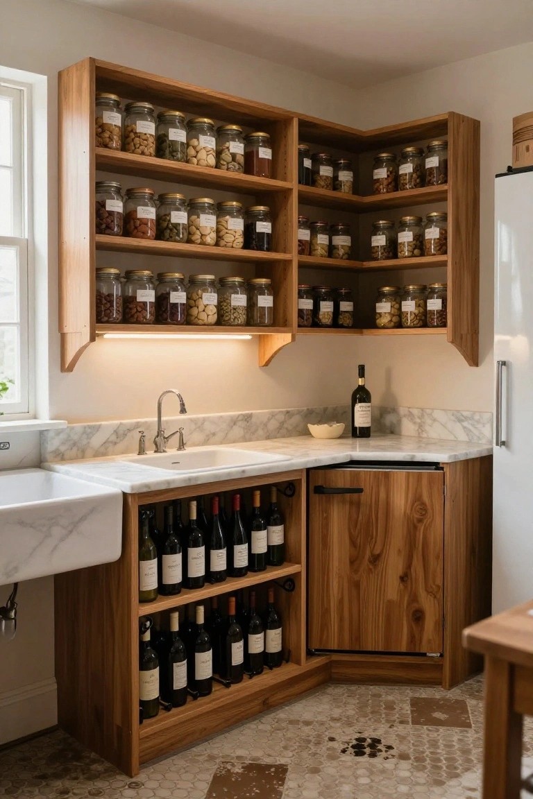 Kitchen corner with warm wood open shelving holding labeled glass jars of nuts, seeds, and spices, lower cabinets storing wine bottles, marble countertop and sink, white refrigerator, and hexagonal tiled floor.