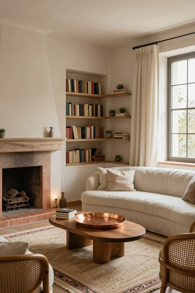 White living room with terracotta fireplace flanked by oak shelves holding books and potted plants, white sofa, wooden coffee table with copper tray and books, rattan chairs, neutral rug, and large window with white curtains.