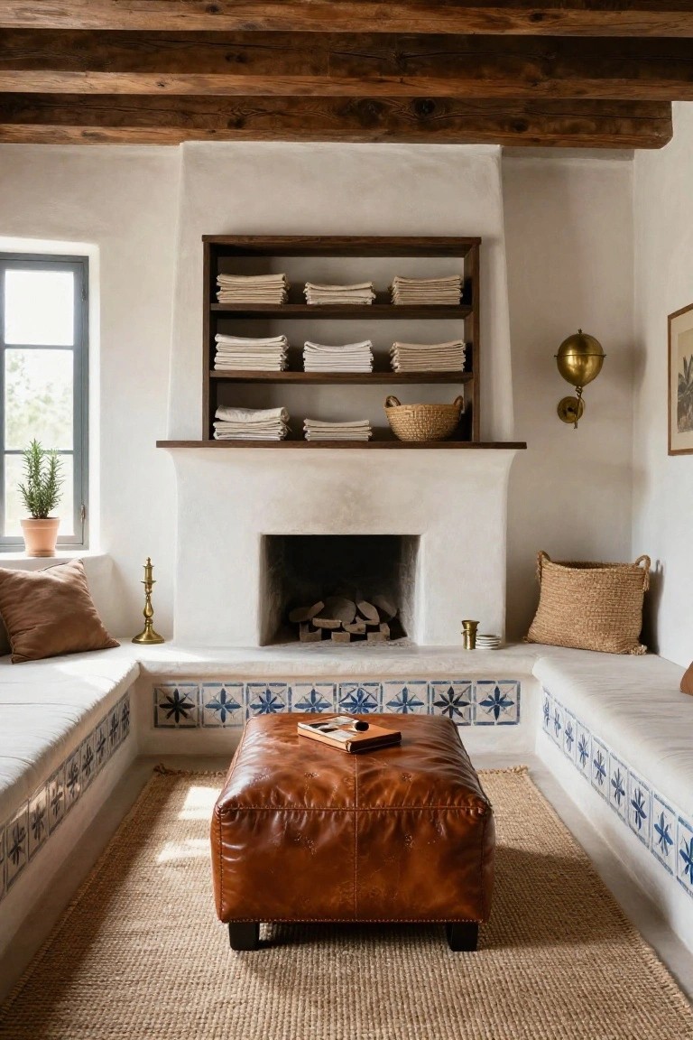 White adobe interior room with wooden beam ceiling, built-in benches edged in blue star tiles flanking a central brown leather ottoman, fireplace with wood logs, shelves of folded linens above mantel, seagrass rug, and potted rosemary plant by window.