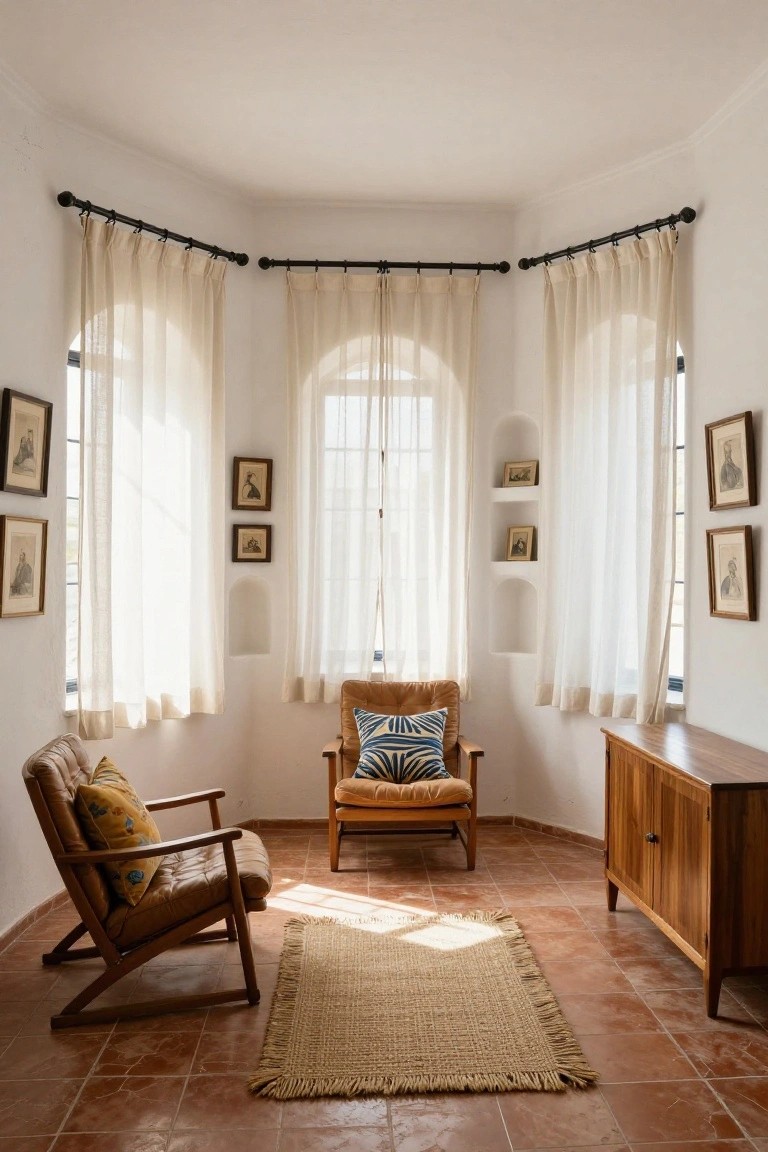 Sunlit white interior room with terracotta tile floor, two tan leather armchairs with cushions on a seagrass rug, sheer curtains on three arched windows, small framed artworks, niches, and wooden sideboard.