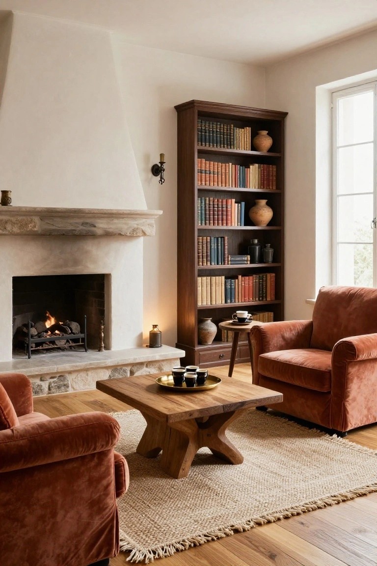 A cozy interior room with a rustic stone fireplace, dark wooden bookshelves filled with books, two rust-colored velvet armchairs, a wooden coffee table, and a seagrass rug on hardwood floors.