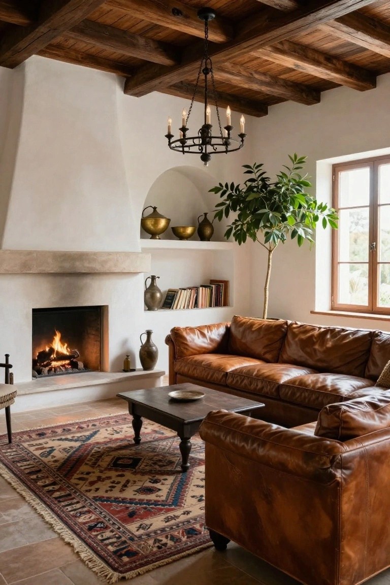 A Mediterranean-style living room with exposed wooden beam ceiling, white stucco walls, lit stone fireplace, brown leather L-shaped sofa and armchair, wooden coffee table, Persian rug, and potted tree near window.