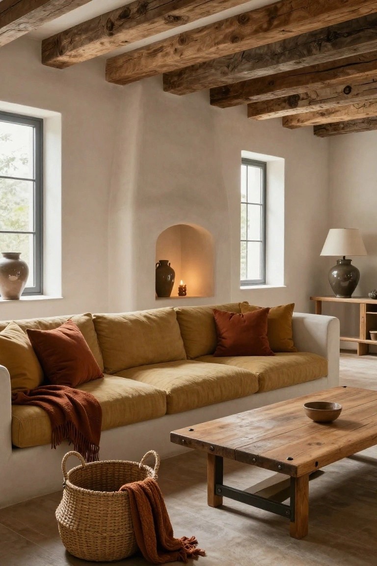 A cozy interior room with exposed dark wooden beams on the white ceiling, curved white wall niche with candle and vase, yellow linen sofa with rust pillows and throw, low wooden coffee table, and wicker basket on the floor.