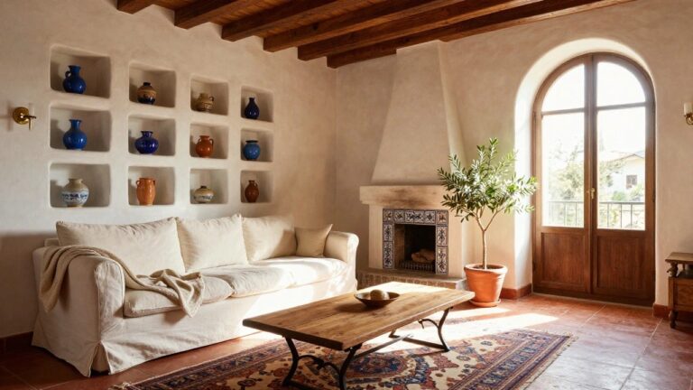 22 Timeless Mediterranean Interior Design Family Room Inspirations for Cozy Living A Mediterranean-style living room with exposed dark wooden beam ceiling, white stucco walls, blue-tiled fireplace, white sofa, wooden coffee table on terracotta floors, and potted olive tree near arched window.