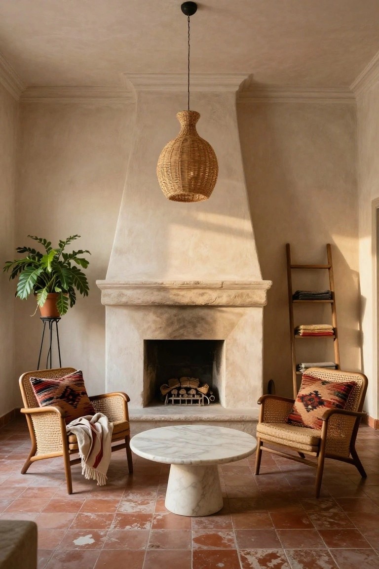 Interior room with beige stucco walls, woven pendant light, stone fireplace with logs, potted green plant on metal stand, wooden ladder shelf holding folded blankets and throws, two rattan armchairs with colorful patterned pillows and a throw, round white marble pedestal table between chairs, terracotta tile floor.