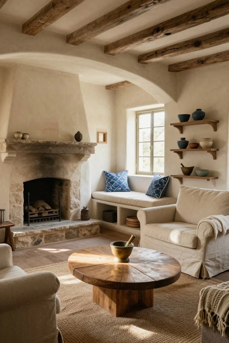 A Mediterranean-style living room featuring a large arched stone fireplace with logs inside, a built-in cushioned bench seat beside it, exposed wooden ceiling beams, cream walls, linen armchairs and sofa, wooden coffee table, terracotta floor, and shelves with pottery.