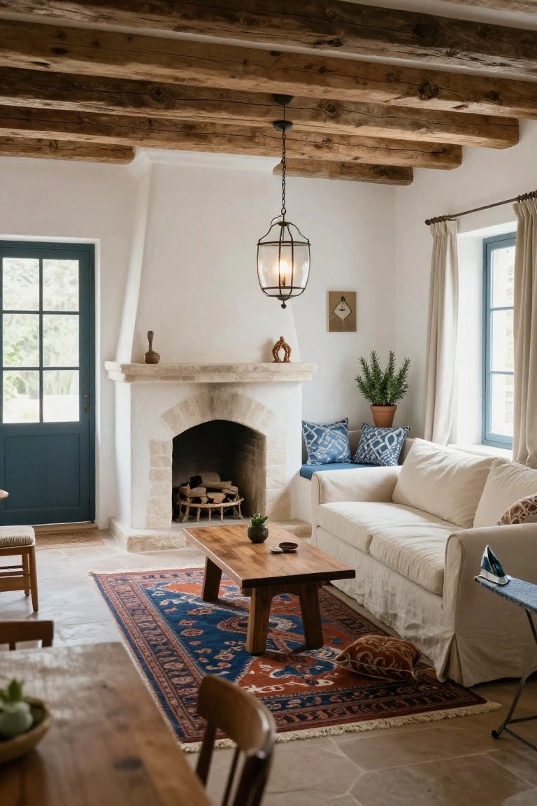 A Mediterranean-style living room with exposed wooden beam ceiling, white stone fireplace with firewood, cream sofa with blue and orange pillows, wooden coffee table, Persian rug, and wooden chairs on terracotta tile floor.