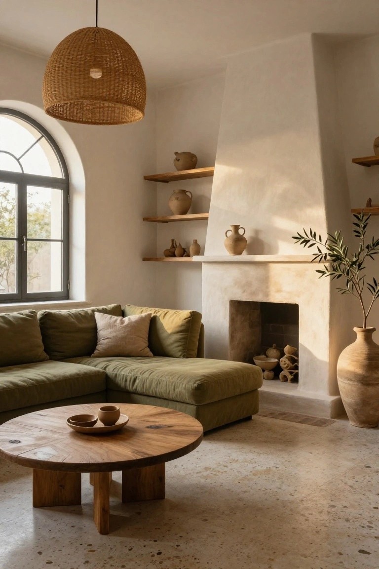A light plaster living room with green L-shaped sofa, round wooden coffee table, woven pendant light, arched window, tall fireplace flanked by wood shelves of terracotta pottery, large potted olive plant, and terrazzo floor.
