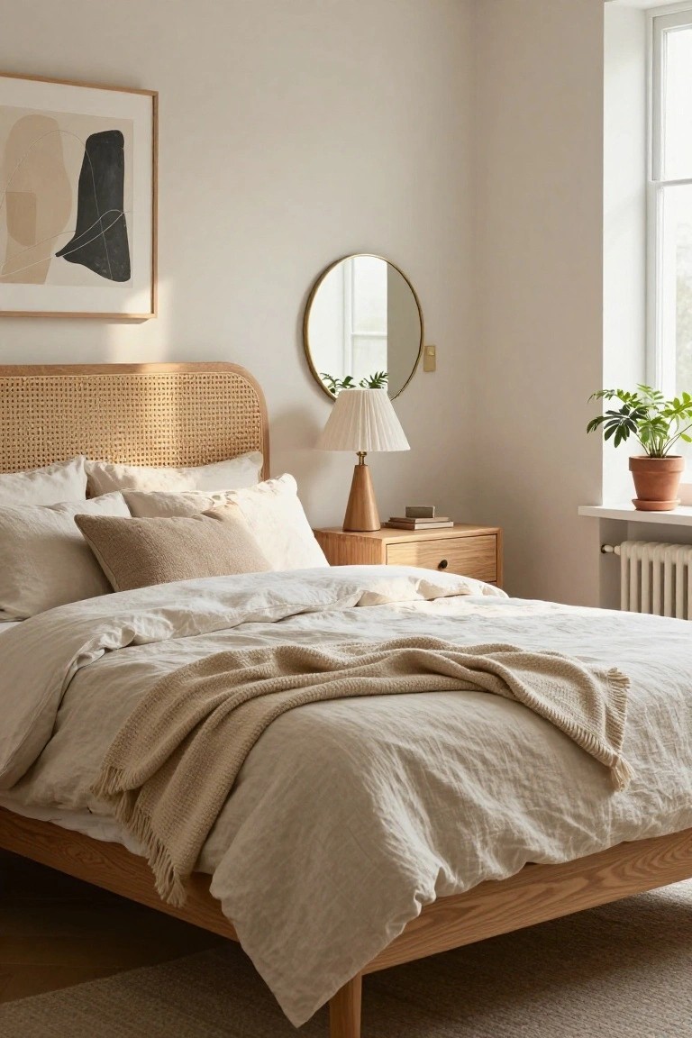 Bedroom corner with wooden bed frame and cane-woven headboard, white linen bedding, beige knit throw, wooden nightstand holding lamp and books, round mirror, potted plant by window, pale walls and beige rug.
