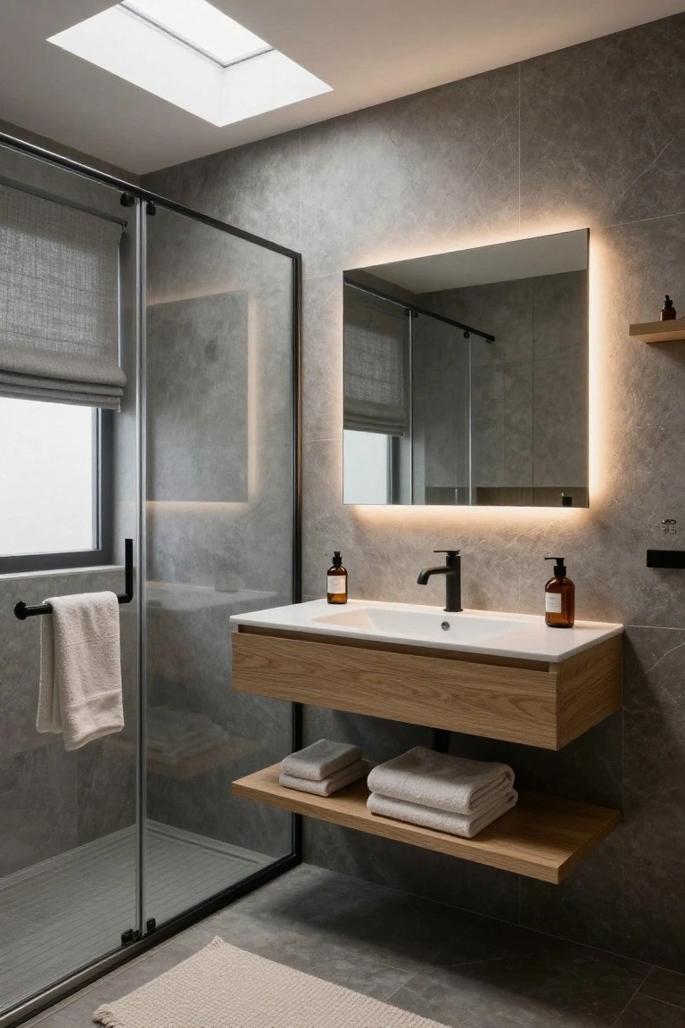 Modern bathroom with light gray porcelain tile walls and floor, frameless glass shower enclosure, floating oak wood vanity with white sink and black faucet, backlit rectangular mirror, wooden shelf holding white towels, and skylight above.